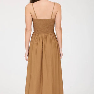 Brown SMOCKED BASQUE WAIST SPAGHETTI STRAP MIDI DRESS