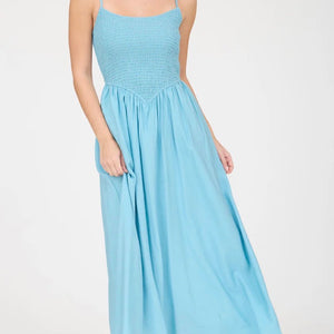 SMOCKED BASQUE WAIST SPAGHETTI STRAP MIDI DRESS