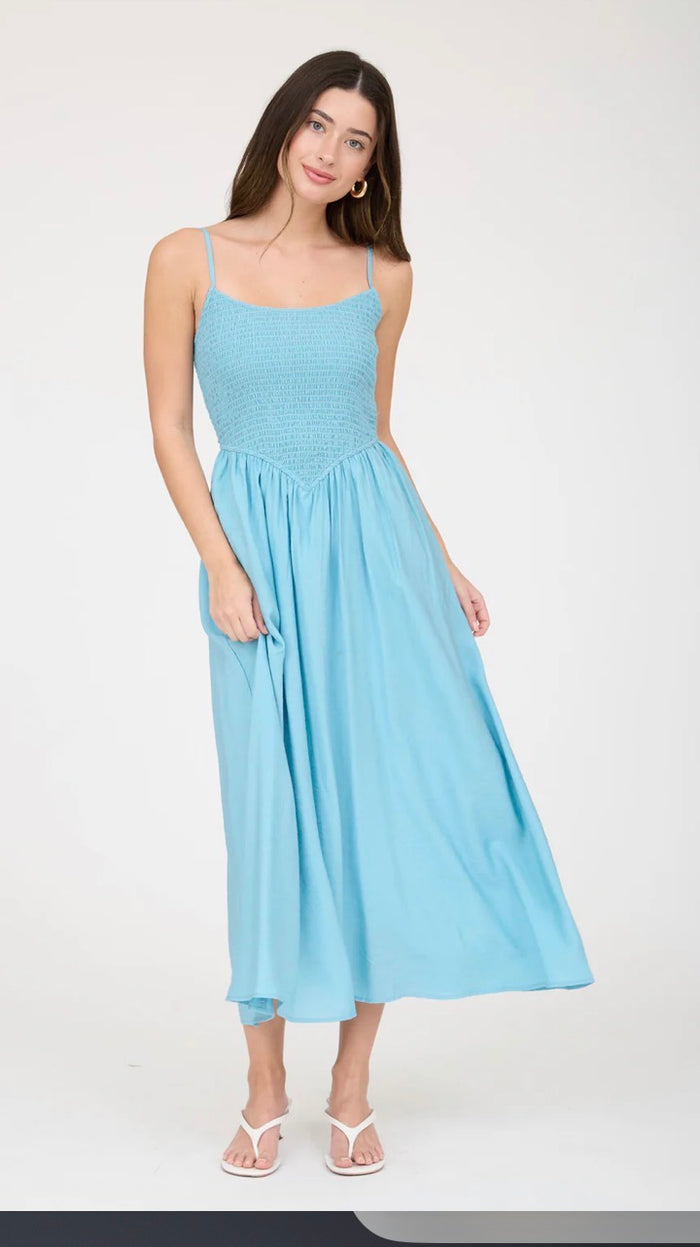 SMOCKED BASQUE WAIST SPAGHETTI STRAP MIDI DRESS