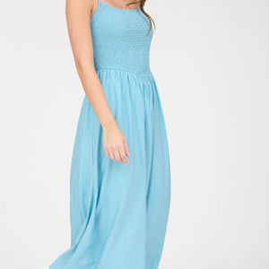 SMOCKED BASQUE WAIST SPAGHETTI STRAP MIDI DRESS