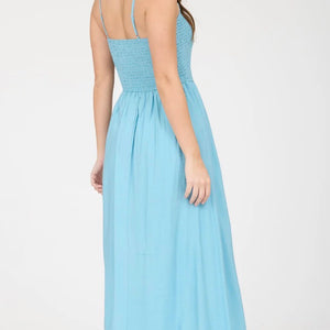 SMOCKED BASQUE WAIST SPAGHETTI STRAP MIDI DRESS