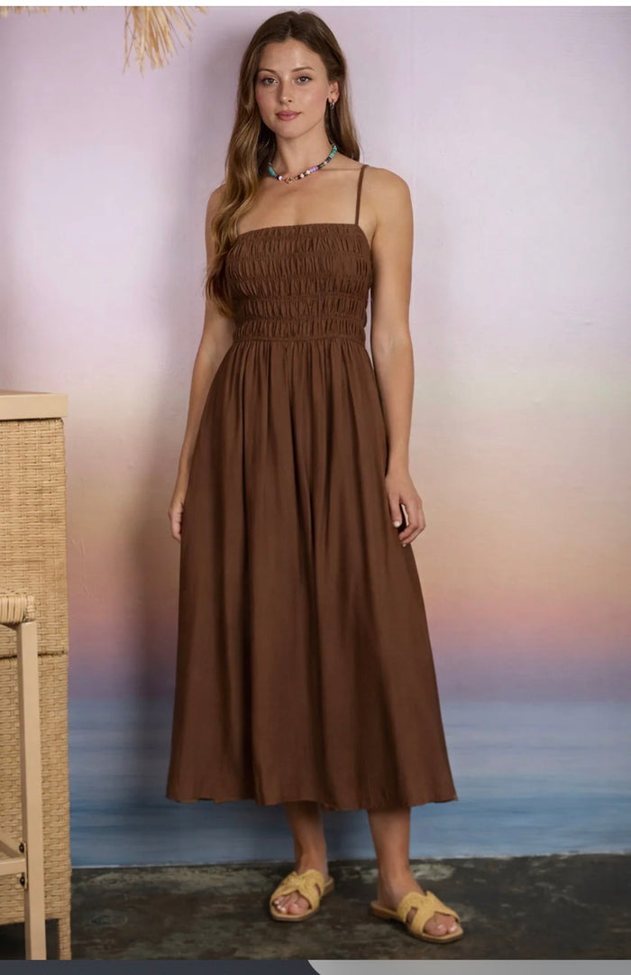 Brown SHIRRED BODICE SPAGHETTI STRAP MIDI DRESS
