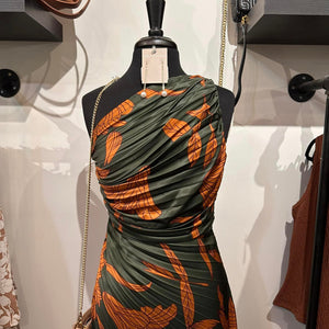 Print One Shoulder Pleated Dress