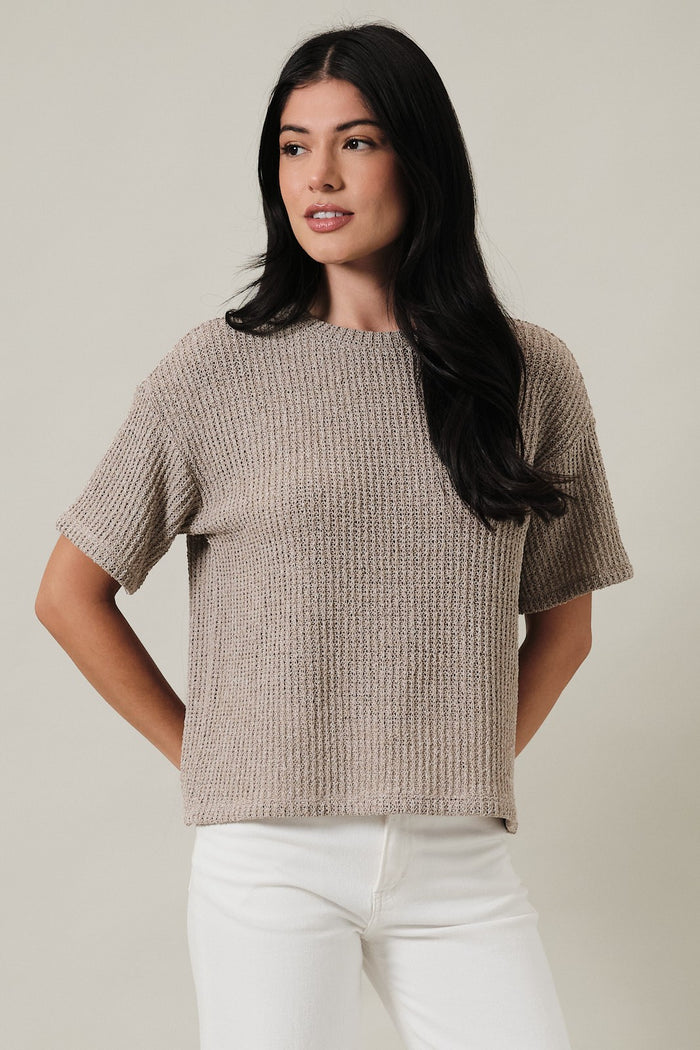 Crew Neck Drop Shoulder Short Sleeve Boucle Top