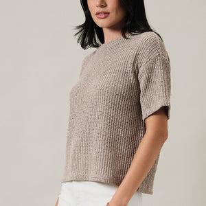 Crew Neck Drop Shoulder Short Sleeve Boucle Top