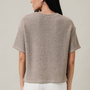 Crew Neck Drop Shoulder Short Sleeve Boucle Top