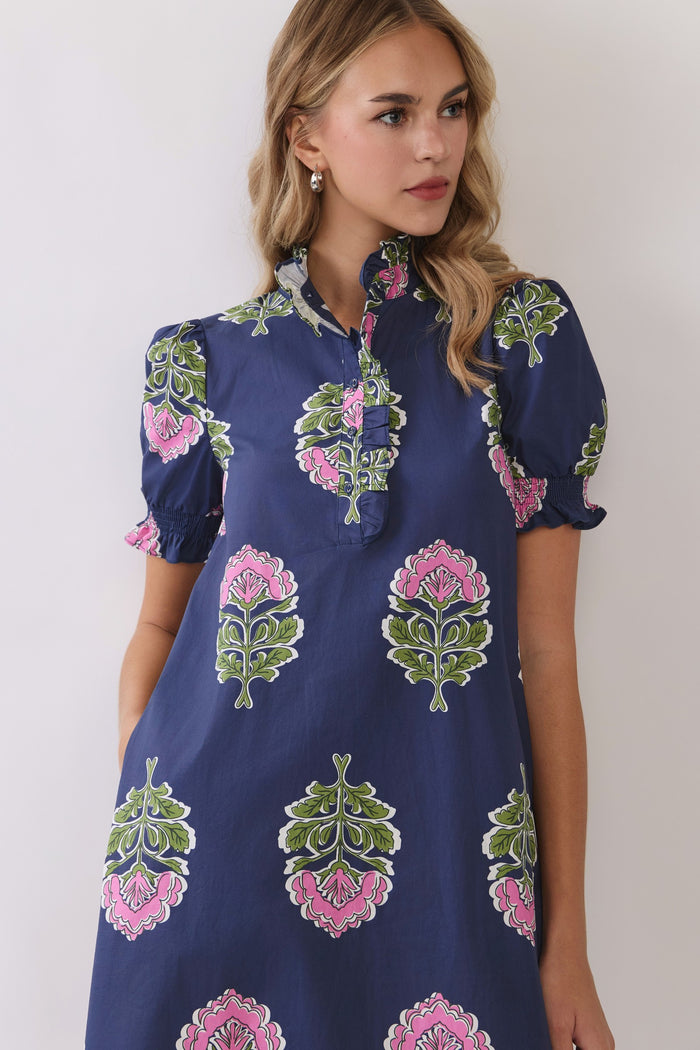 Navy Floral Print Ruffle Collar Button Down Midi Dress