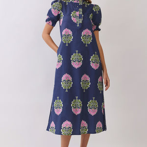 Navy Floral Print Ruffle Collar Button Down Midi Dress