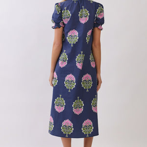 Navy Floral Print Ruffle Collar Button Down Midi Dress