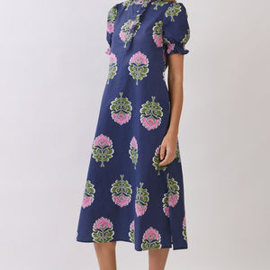 Navy Floral Print Ruffle Collar Button Down Midi Dress