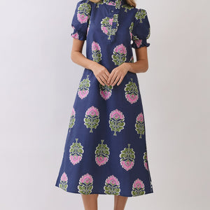 Navy Floral Print Ruffle Collar Button Down Midi Dress