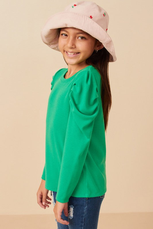 Green Girls Pleated Puff Shoulder Knit Top