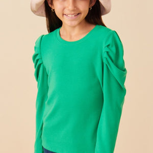 Green Girls Pleated Puff Shoulder Knit Top