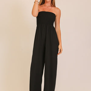 Black Smocked Strapless Jumpsuit