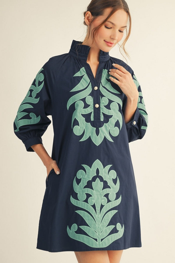 Navy Baroque Floral Applique Shift Dress