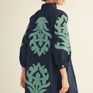 Navy Baroque Floral Applique Shift Dress