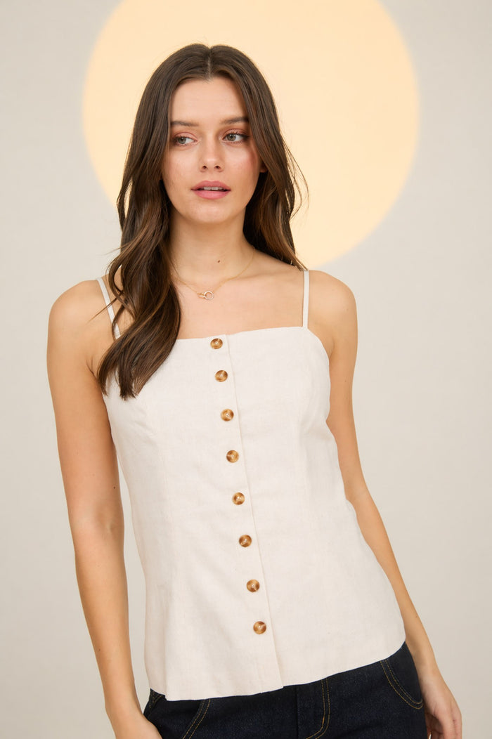 Button Down Spaghetti Strap Linen Top, 2 colors