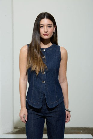 Round Neck Button Down Denim Vest & Jean Set