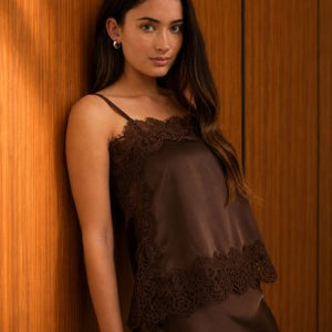 Brown Satin Lace Trim Detail Cami & Skirt Set