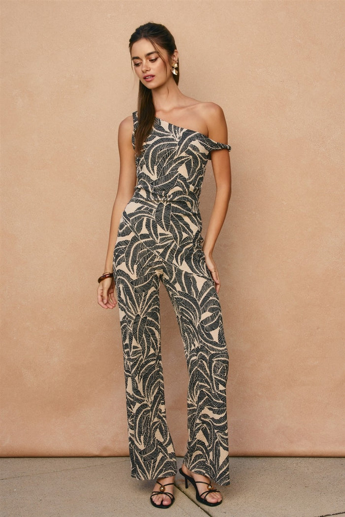 Tropical Leaf One Shoulder Asymmetrical Top & Pant Set