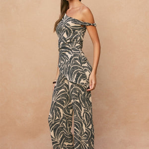 Tropical Leaf One Shoulder Asymmetrical Top & Pant Set