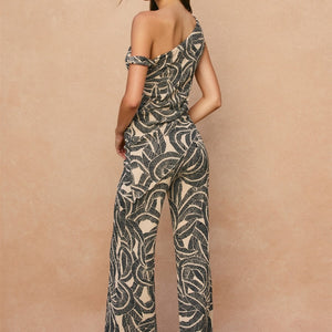 Tropical Leaf One Shoulder Asymmetrical Top & Pant Set