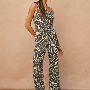 Tropical Leaf One Shoulder Asymmetrical Top & Pant Set