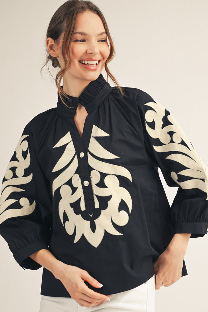 Black Baroque Applique Detail Top