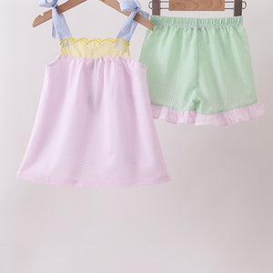 Pink Stripe Seersucker Bow Ruffle Shorts Set