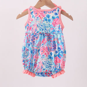 Pink Tropical Floral Print Ruffle Bow Bubble