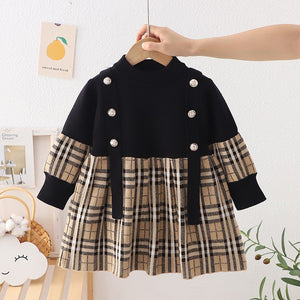 Girls Black knit plaid dress