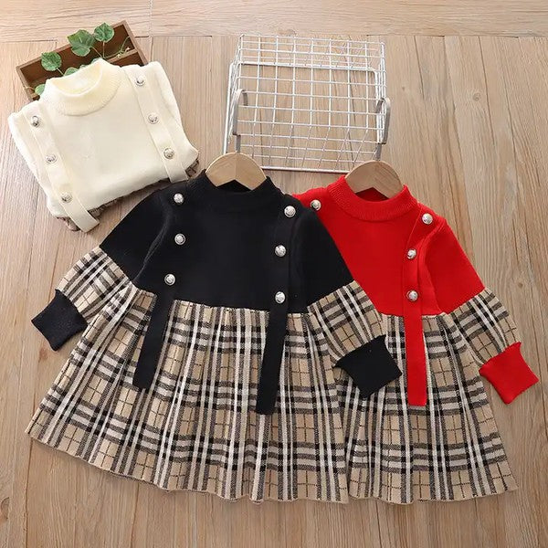 Girls Black knit plaid dress