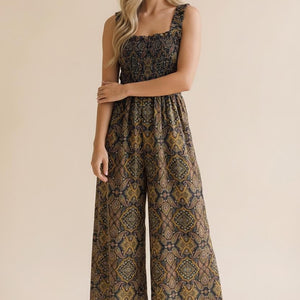 Frilled Paisley Smocking Wide Leg Jumpsuit