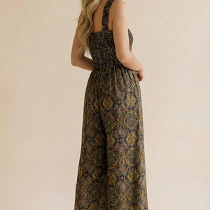 Frilled Paisley Smocking Wide Leg Jumpsuit