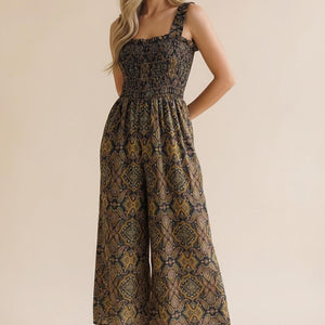Frilled Paisley Smocking Wide Leg Jumpsuit