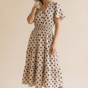 Off white Polkadot Smocked Waist Tiered Maxi Dress