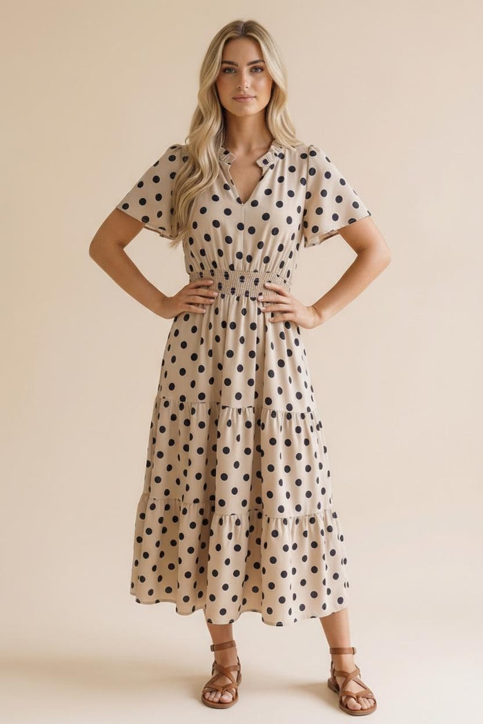 Off white Polkadot Smocked Waist Tiered Maxi Dress