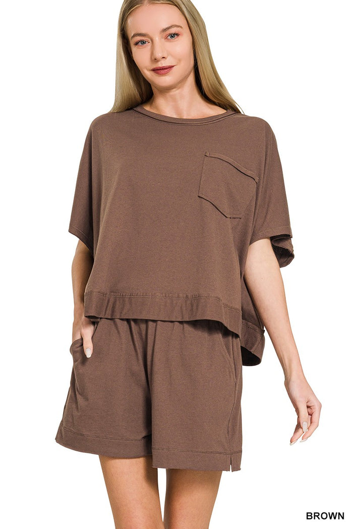 Brown Exposed Seam Boxy Top & Shorts Set