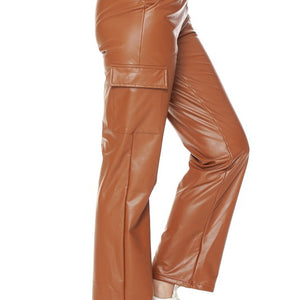 Faux Leather Cargo Pants Fleece Lined Drawstring, 2 colors