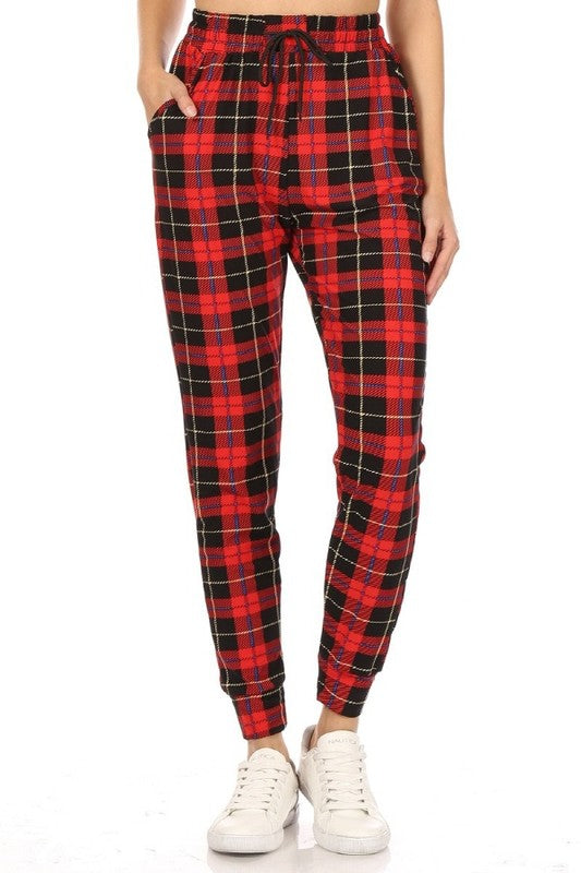 Red Plaid & checkered printed joggers with solid trim