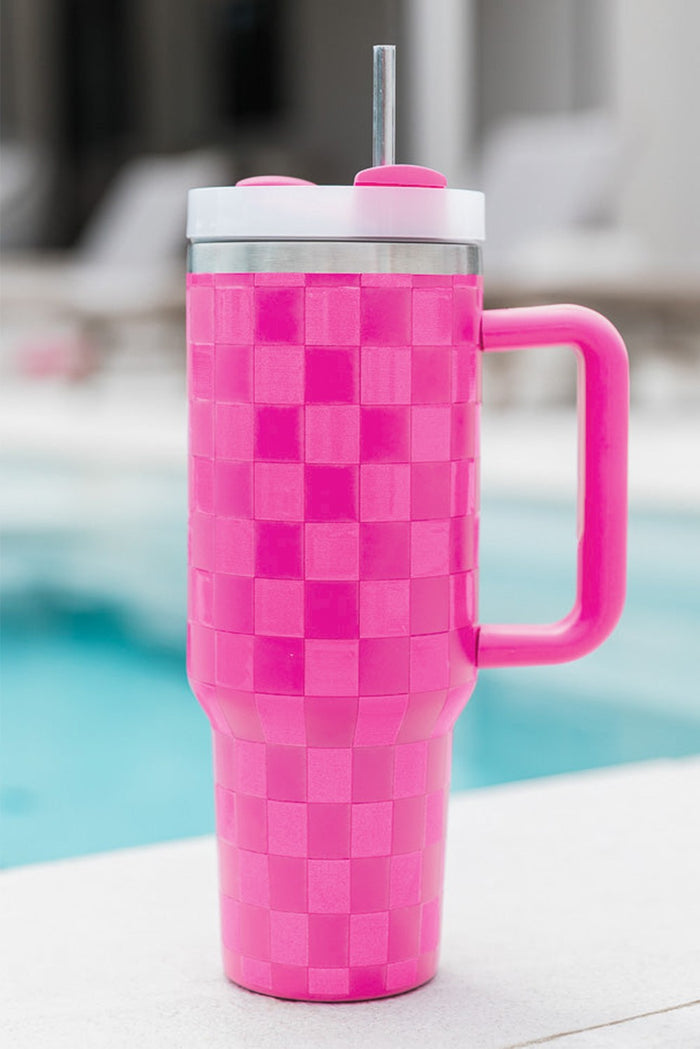 Hot pink Checkered Handled Stainless Steel Tumbler Cup