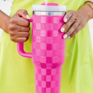 Hot pink Checkered Handled Stainless Steel Tumbler Cup