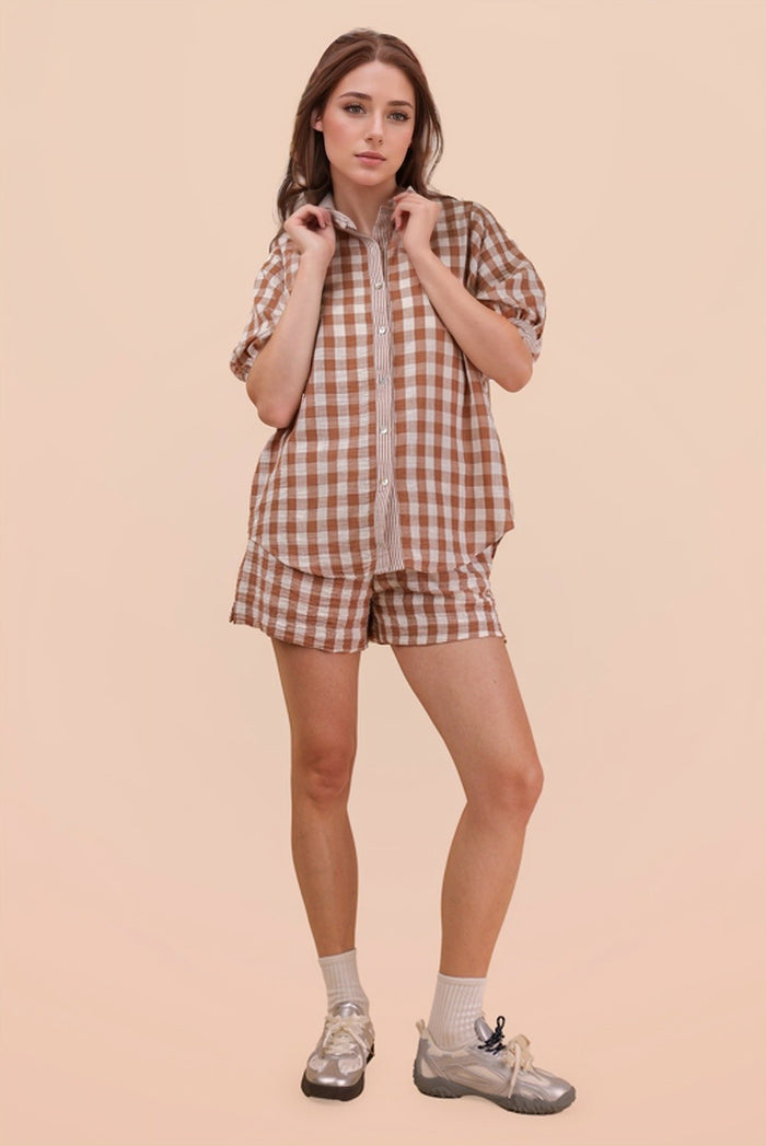 Mocha Checkered Shirt Top & Shorts Set