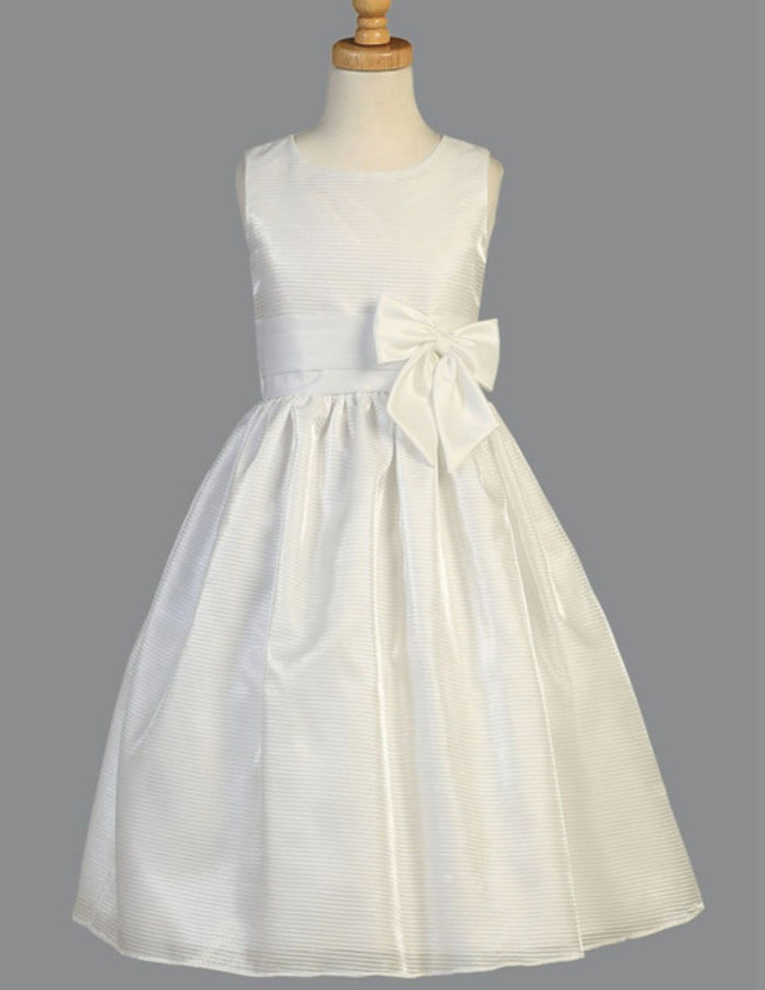 White Striped Organza Communion Dress w/ Satin Waist Trim & Bow, SIZE 6
