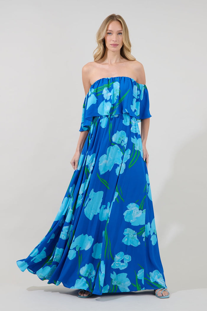 Blue Enamored Off The Shoulder Ruffle Dress Floral