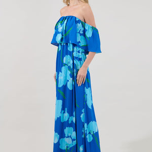 Blue Enamored Off The Shoulder Ruffle Dress Floral