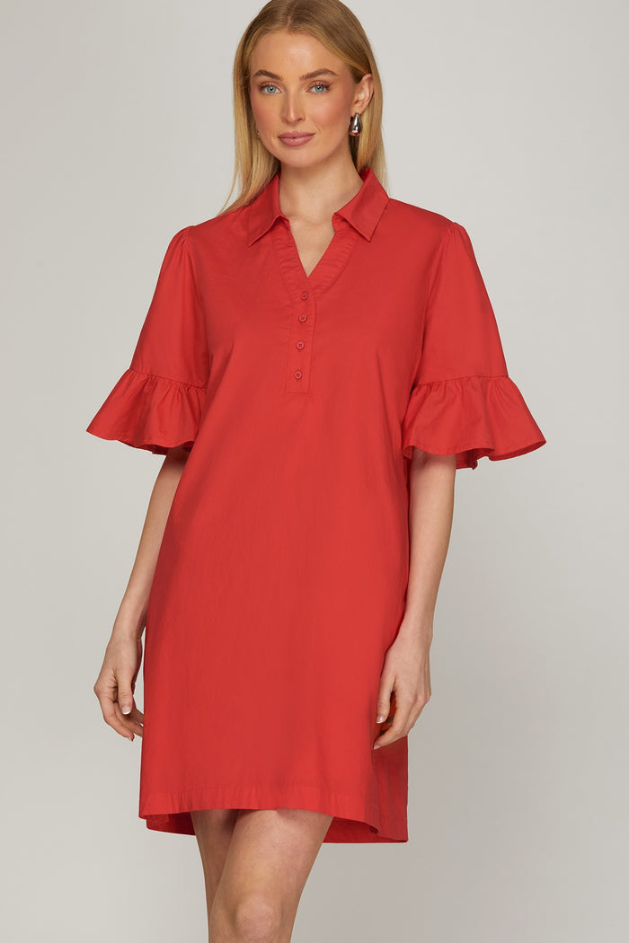 Red BELL SLEEVE MINI DRESS WITH POCKETS