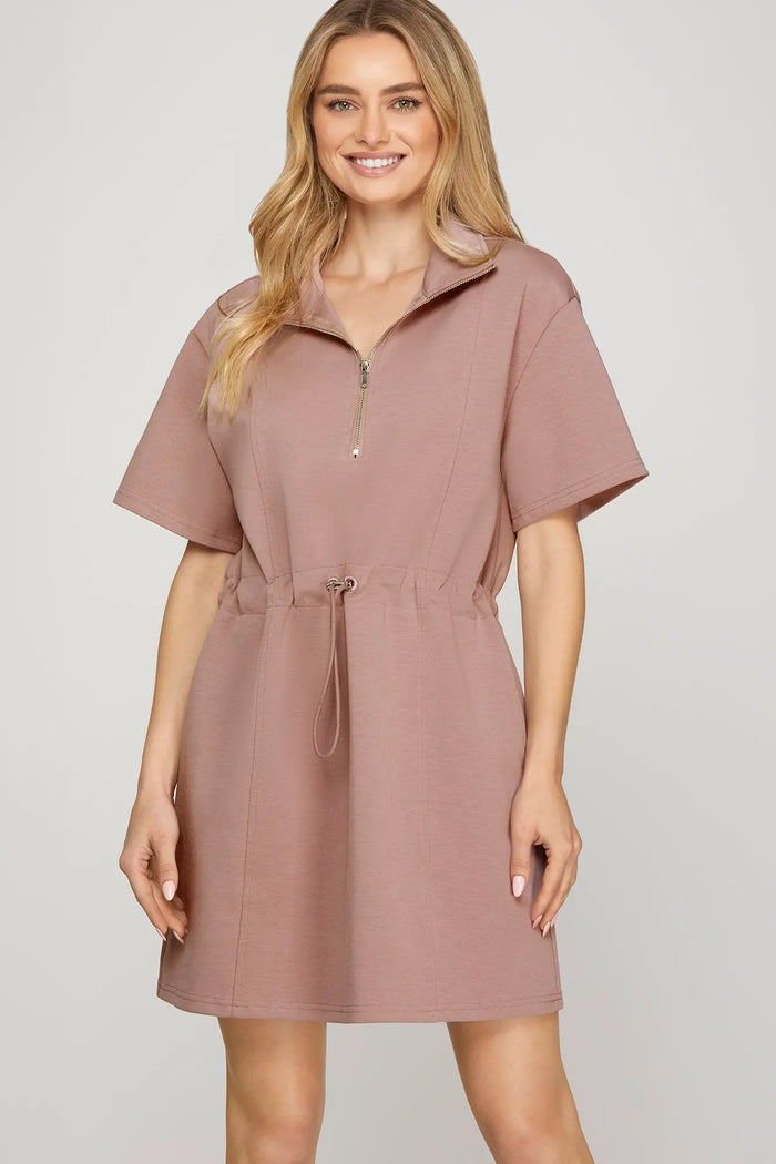 Dusty Rose DRAWSTRING WAIST SCUBA KNIT DRESS WITH POCKETS