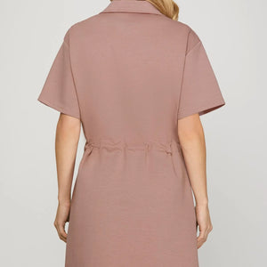 Dusty Rose DRAWSTRING WAIST SCUBA KNIT DRESS WITH POCKETS