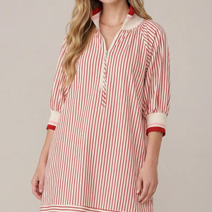 RED/WHT 1/2 SLEEVE HALF ZIP STRIPED MINI DRESS
